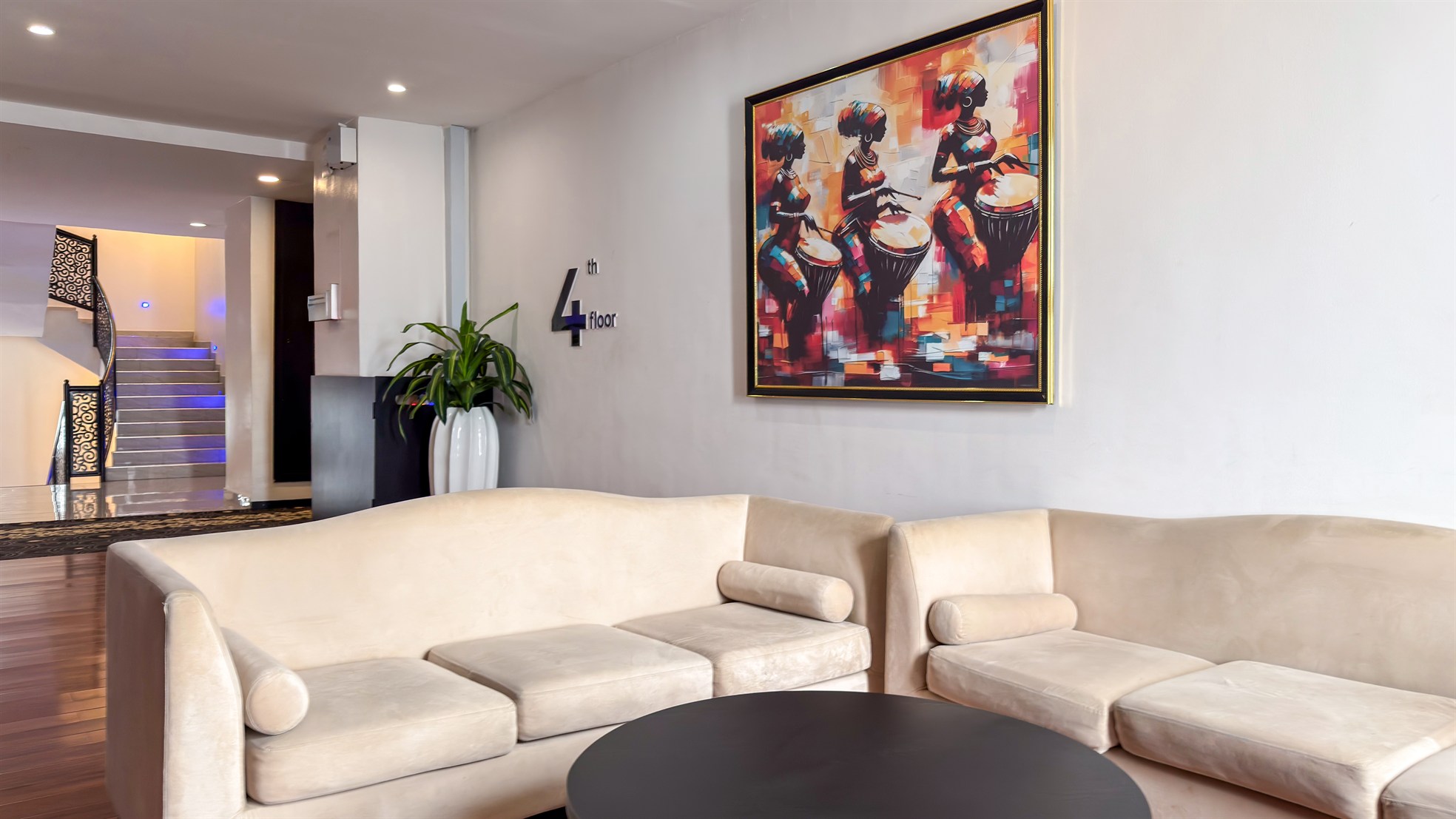 A residents' lounge with contemporary Nigerian artwork