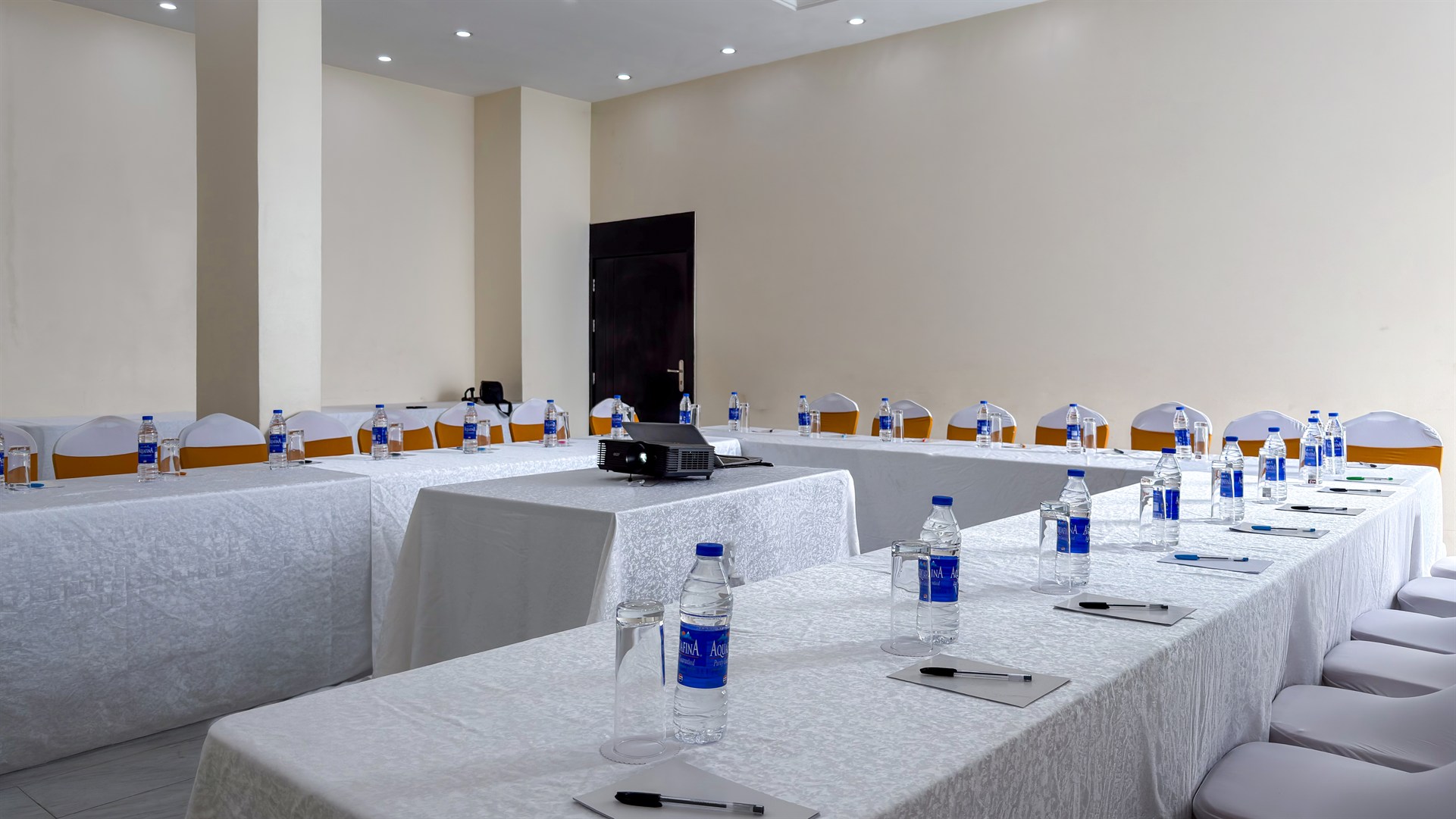 A meeting room prepared for a leadership session